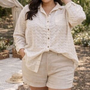 Maurices Plus Size Cream Eyelet Button-Down Shirt 100% Cotton Boho Cottagecore
